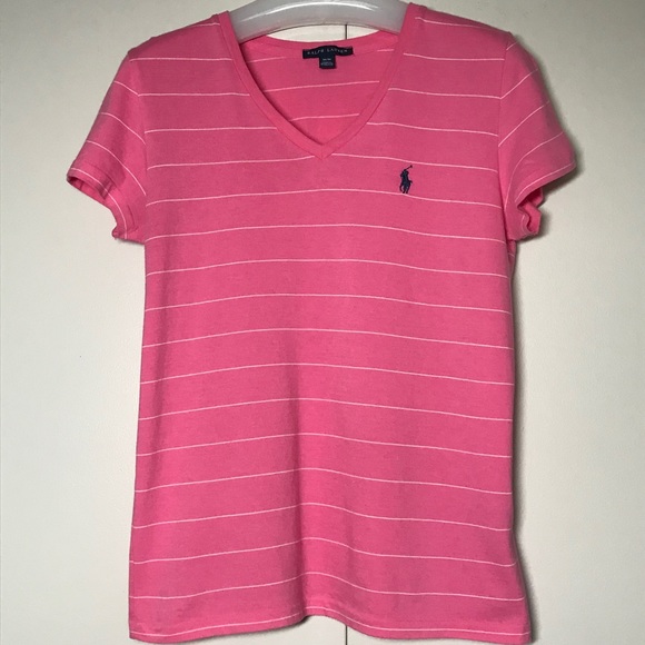 Ralph Lauren Polo Tee Pink White Pink Stripe VNeck Short Sleeve - Picture 1 of 4